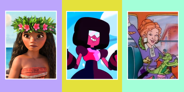 Moana, Garnet from Steven Universe, and mrs frizzle