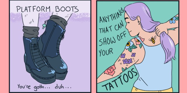 Two comic panels, in the colors of peach, purple, and turquoise. On the left is an image of combat boots, and on the right is an image of a queer person covered in tattoos.