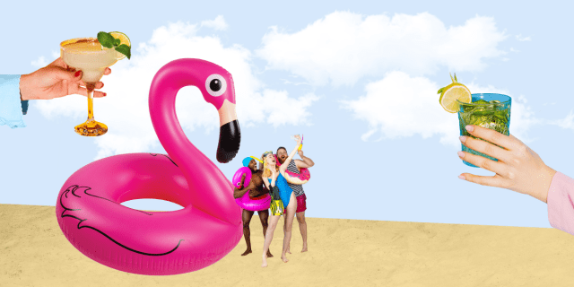 a retro looking collage featuring two hands holding cocktails, a giant flamingo floatie, and three friends in swim gear with floatation devices against a blue sky and clouds and sand