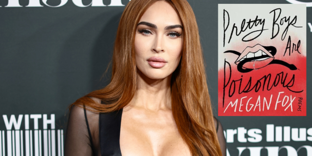 Megan Fox with long straight red hair on a red carpet next to her book Pretty Boys Are Poisonous