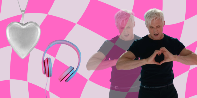 Ken from Barbie making a heart with his hands, a silver locket, and a set of headphones against a checkered pink background
