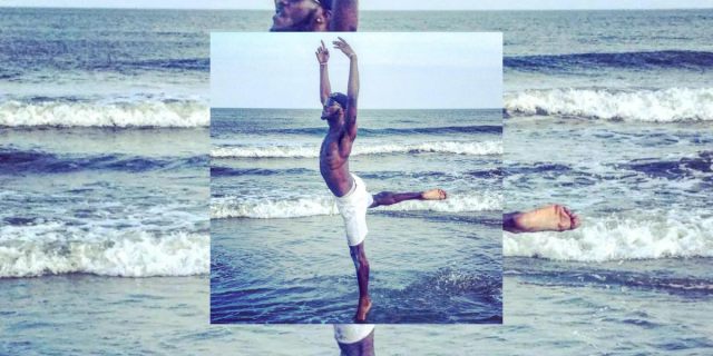 O'Shea Sibley, a queer Black man, dancing on the ocean shore in a ballet position