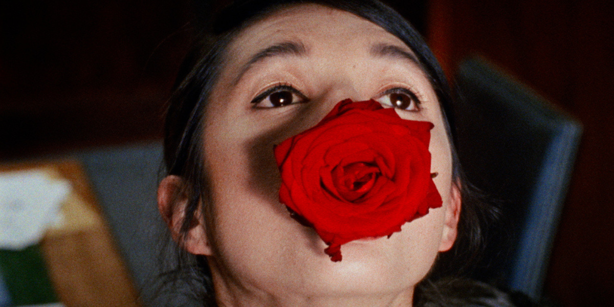 a red rose emerges from a person's mouth