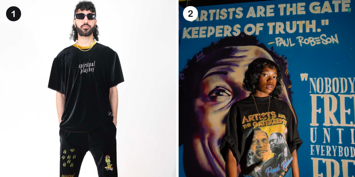 Two t-shirts: Spiritual Playboy and Artists are the gatekeeprs of Truth