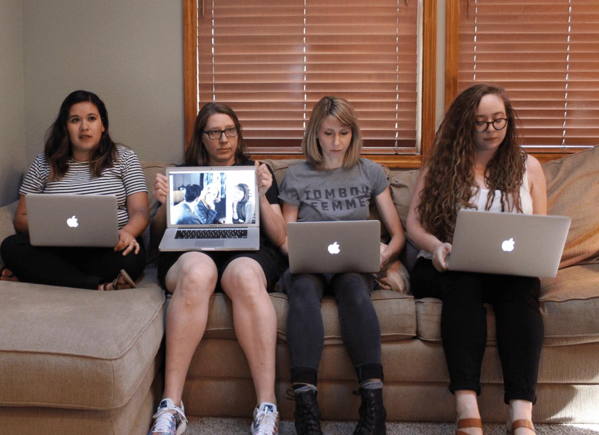 Yvonne, Heather, Riese and Rachel on the couch with our laptops, Heather's is of Carol