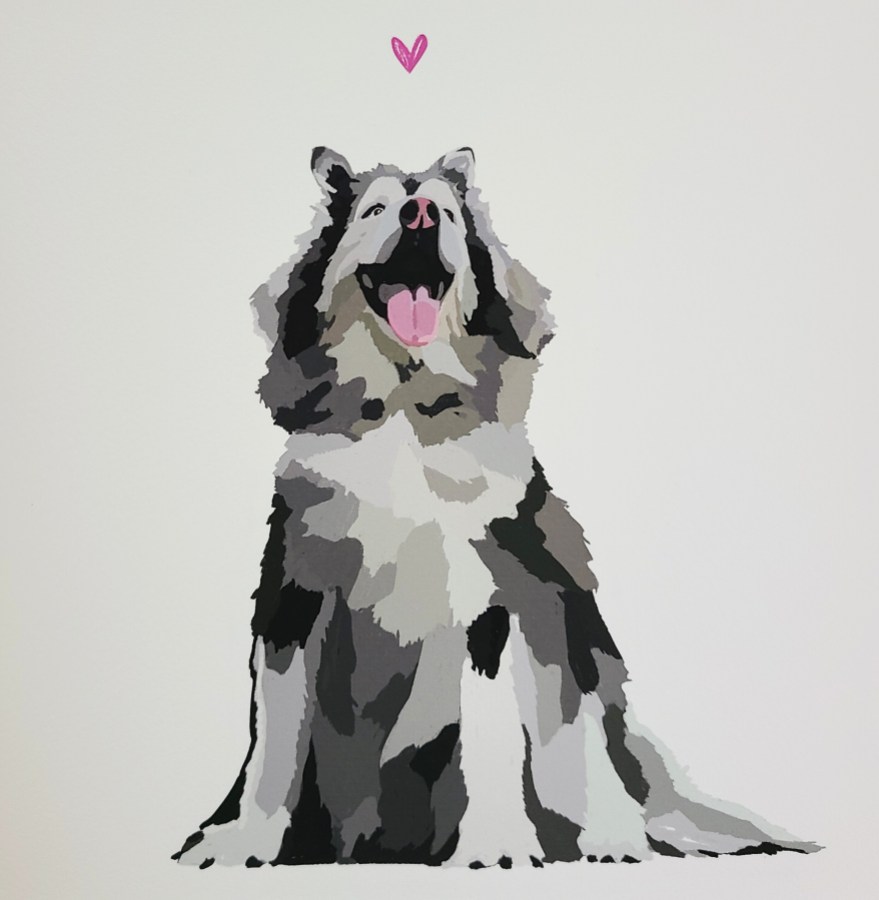 a painting of Mya, a gorgeous floofy malamute mix doggo