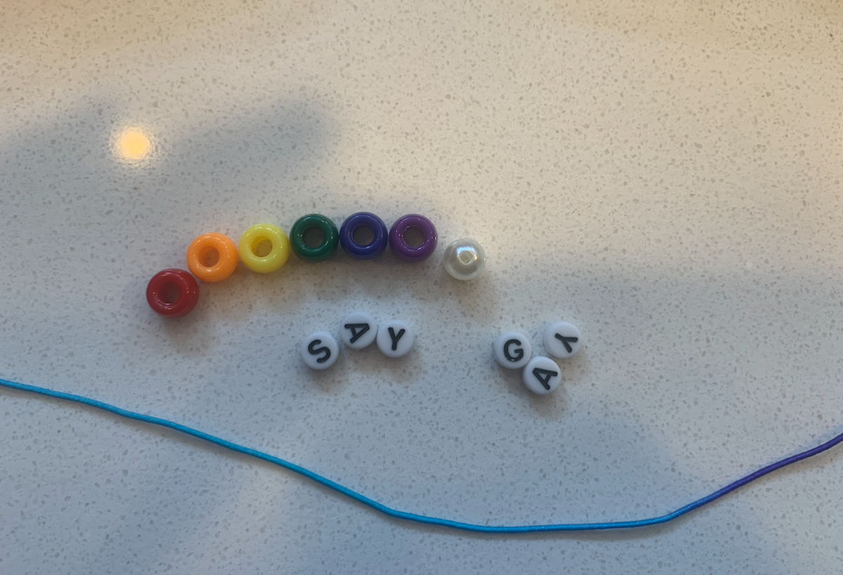 rainbow colored pony beads, letter beads that say SAY GAY, and pearl beads