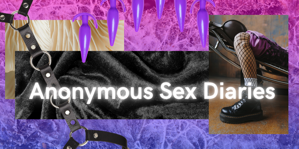 a collage of elements with "anonymous sex diaries" written over it. the elements are a bisexual pride flag, mycelium, butt plugs, a leather harness, black velvet cloth, and a person's leg showing fishnets and combat boots