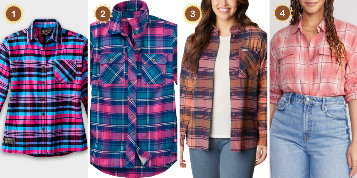 1. a pink and blue bright flannel. 2. a pink and blue flannel. 3. a mauve and dark orange and pale pink flannel. 4. a pink and white flannel