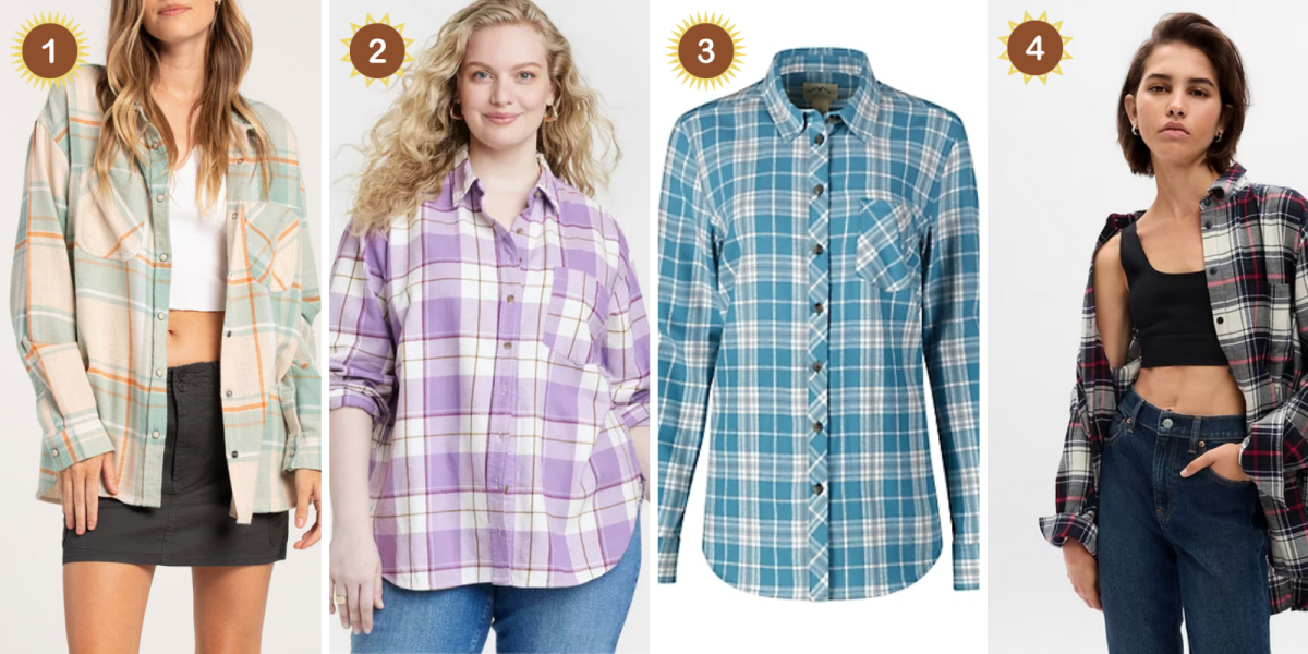1. a pale green, beige, and orange flannel. 2. a purple and off white flannel. 3. a flannel in different shades of teal. 4. a gray, black, and white oversized flannel