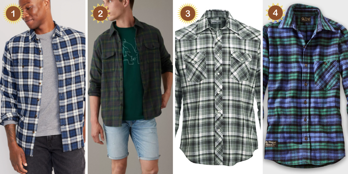 1. a navy and white flannel. 2. a dark green flannel. 3. a green and white flannel. 4. a dark blue and purple flannel
