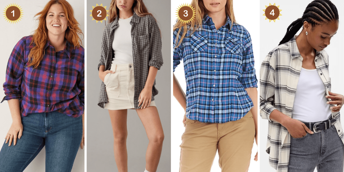 1. purple and red plaid flannel buttoned up over jeans. 2. gray and white checkered flannel unbuttoned over a white t-shirt with an off-white skirt. 3. a dark and light blue plaid flannel with pink accents buttoned up over khakis. 4. a white and gray plaid flannel over gray jeans with a black belt.