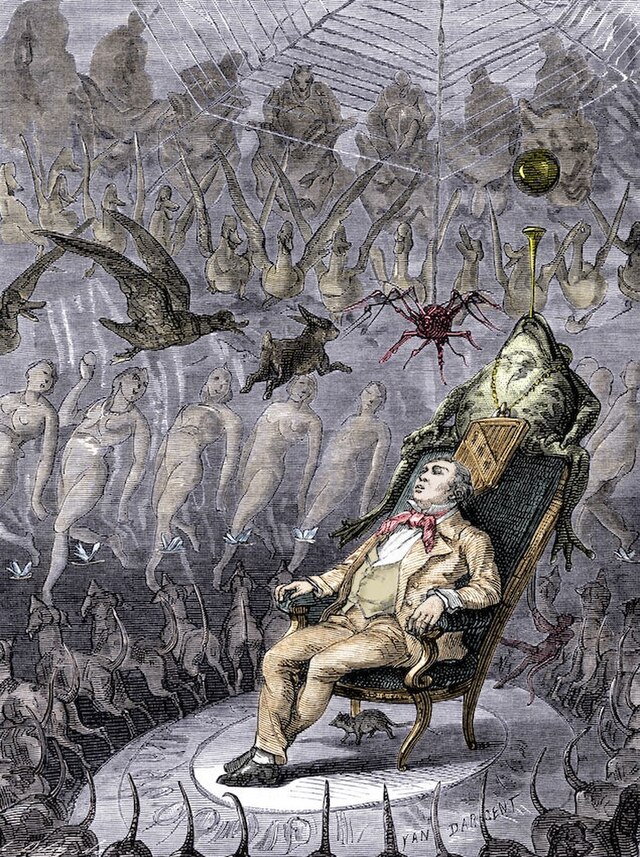 19th-century French illustration depicting the hallucinatory dreams caused by taking ether (diethyl ether).