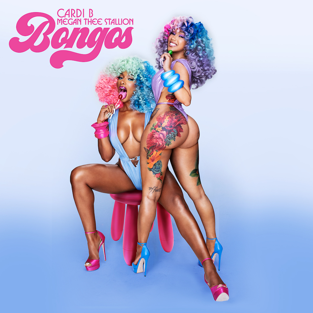Cardi B and Megan Thee Stallion are both in revealing bathing suits and curly wigs in the color of the Bi Pride flag on the cover art for "Bongos."