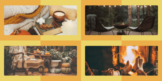 four cozy fall aesthetic scenes, including feet by a fire, a setup of chairs next to a fire, and a chair with a blanket on it