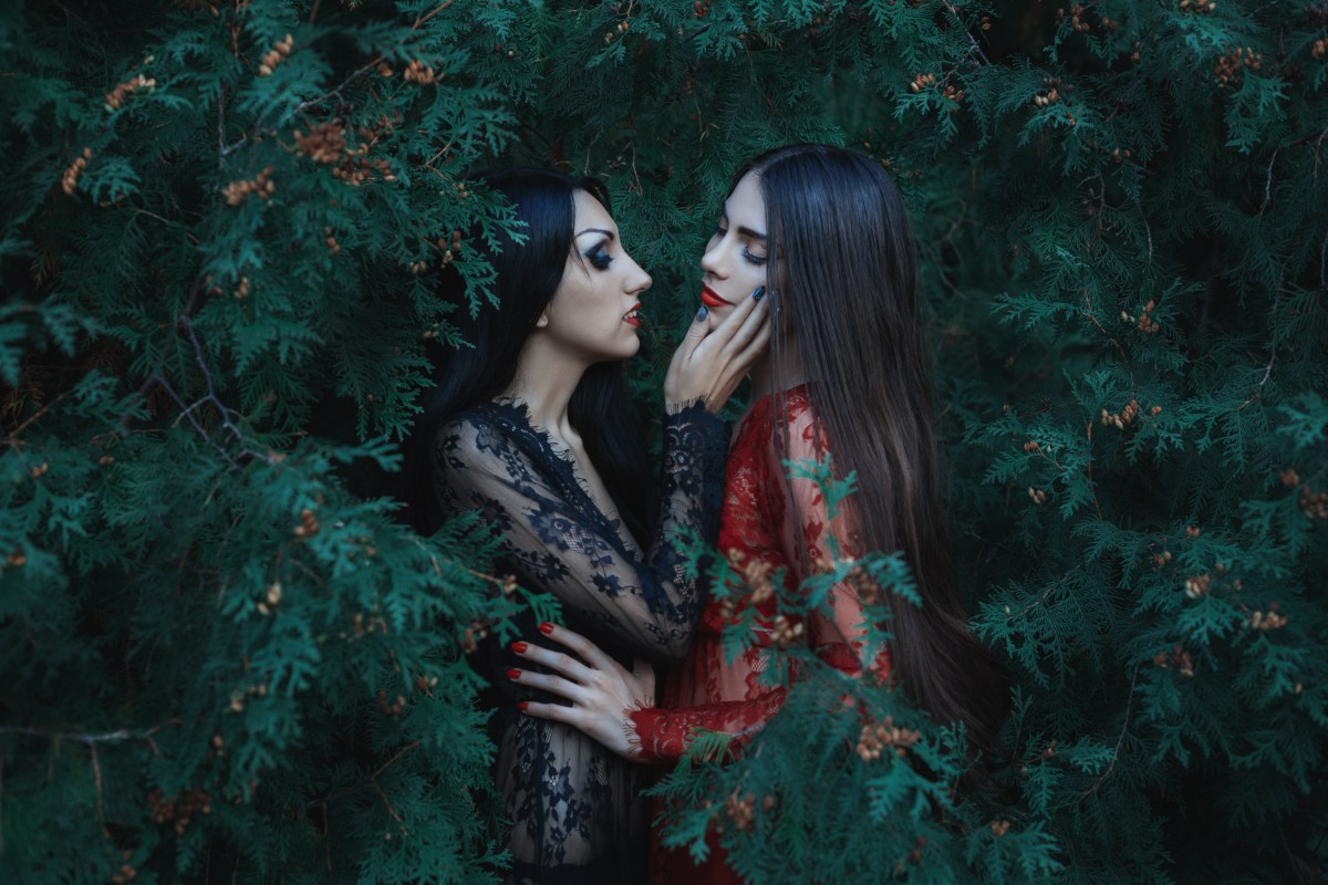 two women in lacey red and black dresses caress each other in a bush