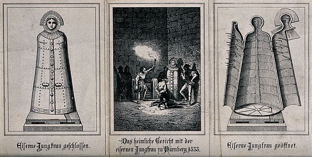Left, an "iron maiden" with its doors secured; middle, a blindfolded prisoner is forced to kneel down before the "iron maiden" in a dungeon; right, an "iron maiden" with its doors open. Etching.