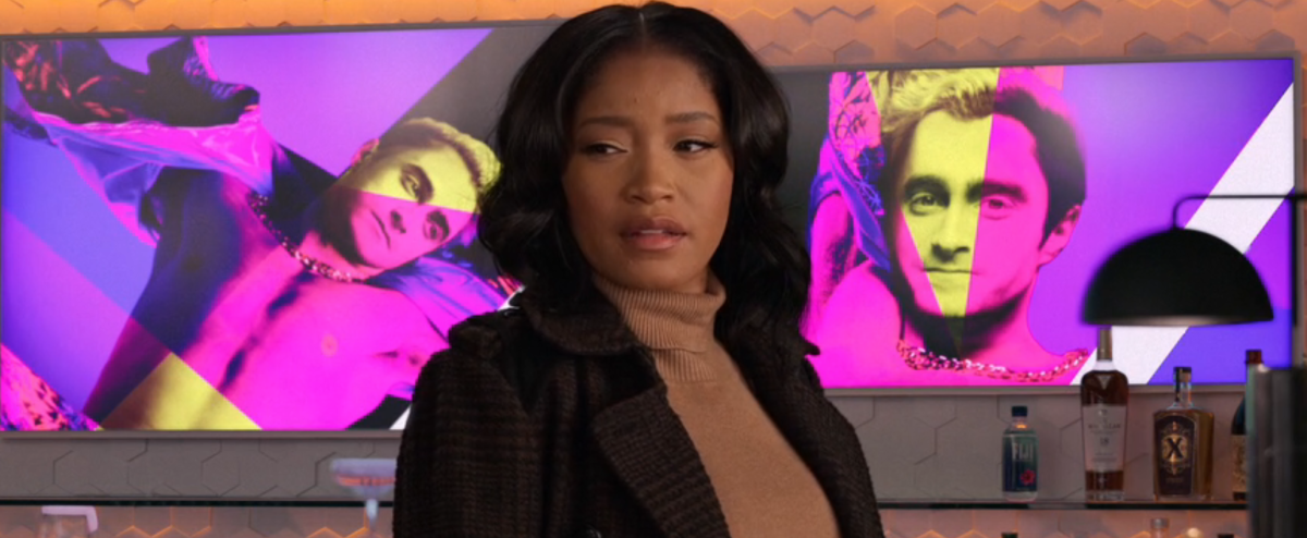 Keke Palmer wears a tan turtleneck and black jacket in the finale of The Afterparty