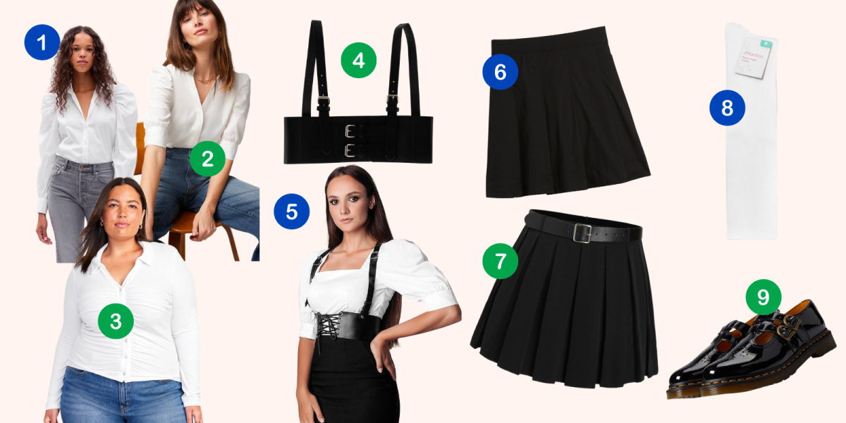 Puff-sleeve white shirts, black harnesses, black pleated skirts, white knee socks and mary janes