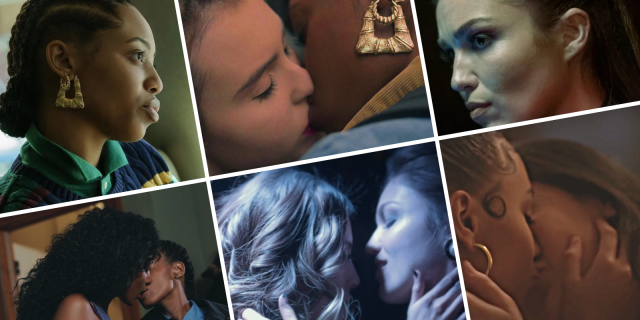 The gay, lesbian characters of Power on Starz, left to right and top to bottom: Jukebox (as a teenager), teen Jukebox kissing her first girlfriend, Claudia Flynn, adult Jukebox kissing her girlfriend, Claudia Flynn kissing a woman on dance floor, and Effie kissing her college girlfriend.