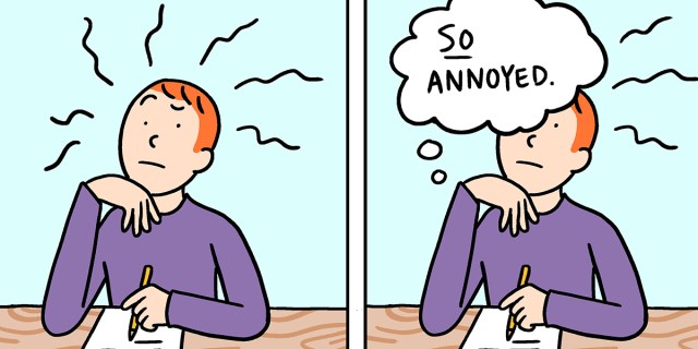 Baopu, a red-haired Asian person, is drawn sitting at a desk in a two panel comic. They are working on a piece of writing and thinking to themself, "So annoyed!"