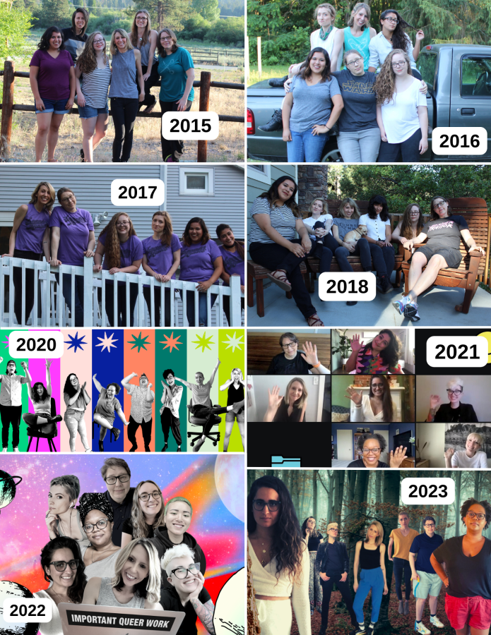 6 pictures of the Autostraddle Team: 2015, 2016, 2017, 2018, 2019, 2021, 2022 and 2023