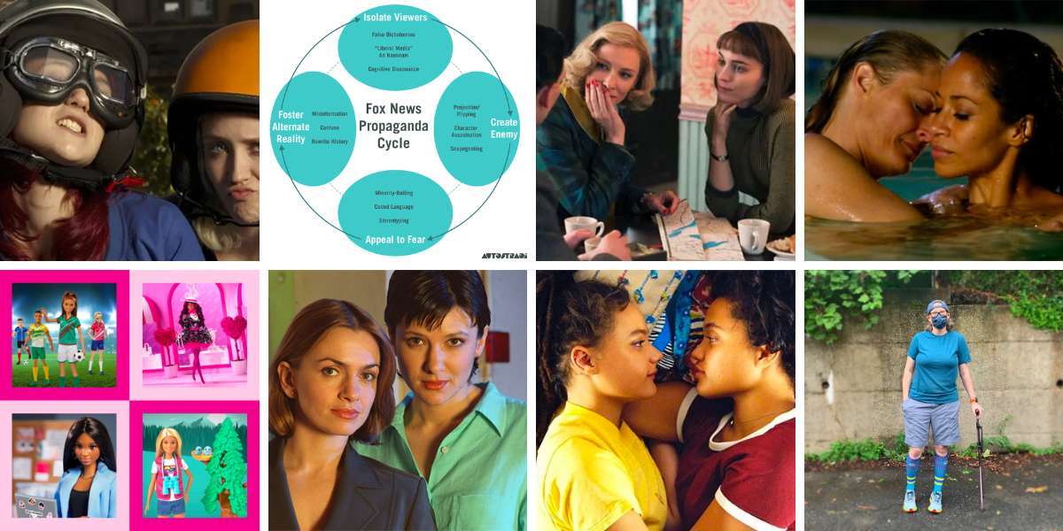 Collage Row One: Naomily Fanfic image, fox news propaganda cycle, Carol and Tehrese, Lena and Stef foster in the pool. Row 2: barbie quiz, bad girls, hearts beat loud, heather image from covid essay