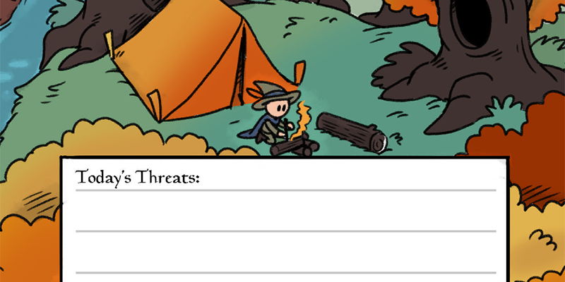 A page from THE HERO'S JOURNAL shows our hero camping out in the wilderness in autumn