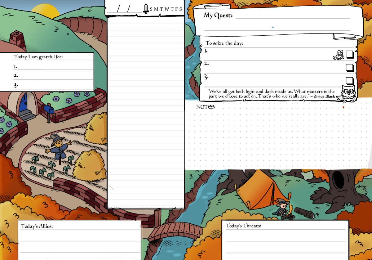 A page from THE HERO'S JOURNAL shows our hero camping out in the wilderness in autumn