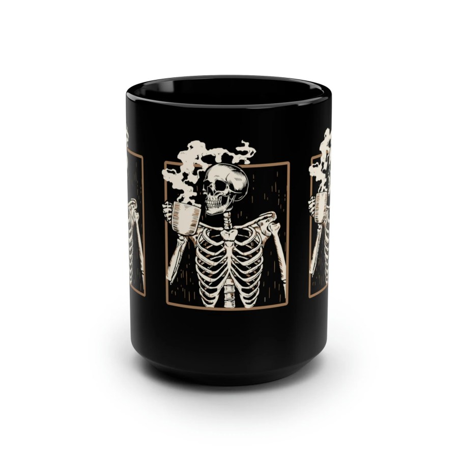 a black mug with a skeleton drinking coffee on it