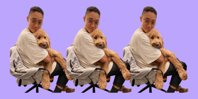 Kylo, a Black trans masc person, appears holding their dog in triplicate against a purple A+ background