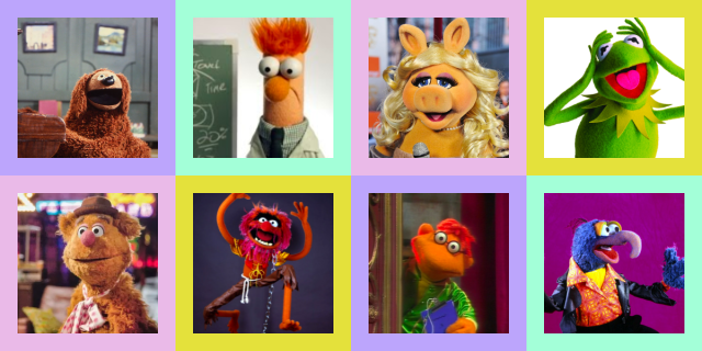 muppets quiz feature. row one: rawlf, beeker, miss piggy, kermit. row 2: fozzie, animal, scooter, gonzo