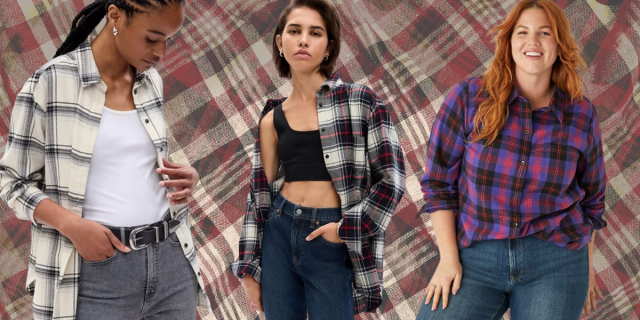 an off white and black oversized open flannel, a slouchy black, white, and red open flannel, and a purple and red buttoned up flannel