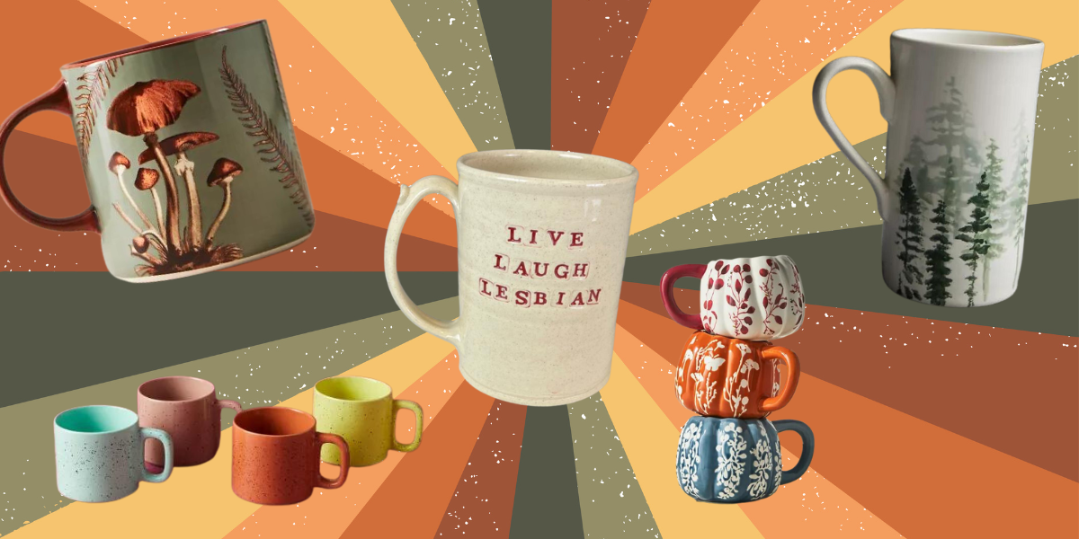 an array of mugs, including a set of multicolor speckled stoneware mugs, a mushroom mug, a mug that says LIVE LAUGH LESBIAN, a stack of white, orange, and blue pumpkin shaped mugs with florals on them, and an off white mug with green evergreen trees on it