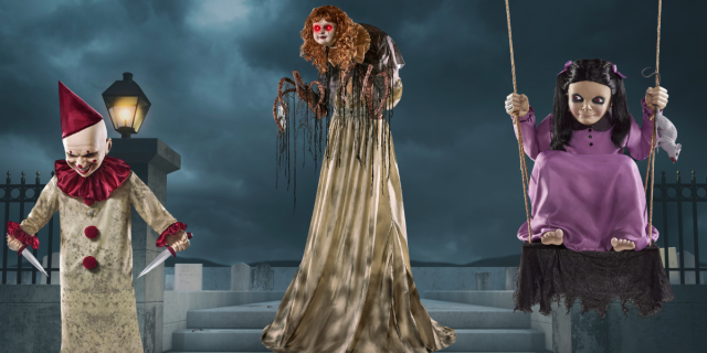 a creepy animatronic clown holding two daggers; an animatronic monster woman with branches for fingers; an animatronic little girl on a swing holding a rat