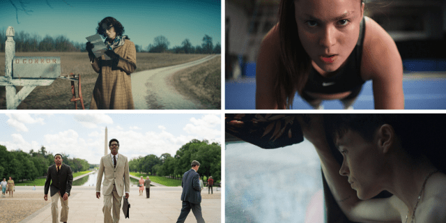 Maya Hawke as Flannery O'Connor reads a letter by a mailbox wearing a brown coat.; Devery Jacobs stares toward the camera mid push up.; Colman Domingo as Rustin walks in the National Mall with the Washington Monument behind him.;