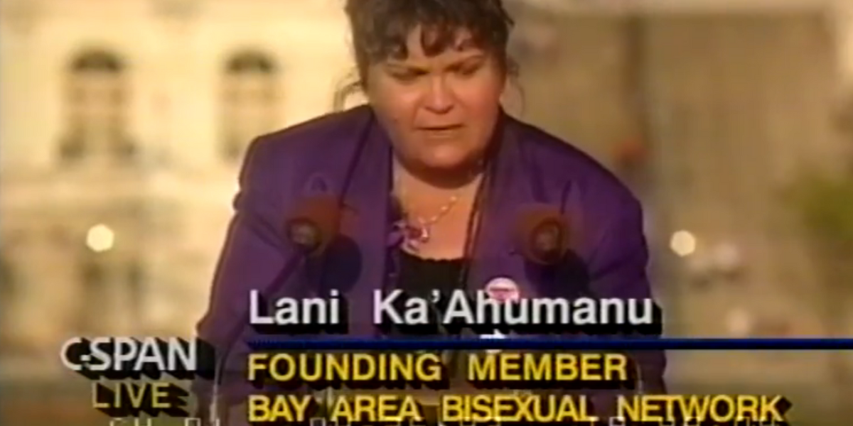 Lani Ka’ahumanu giving a speech at the 1993 March on Washington