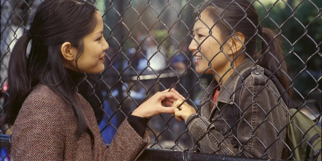 Wil and Vivian on opposite sides of a chain link fence in the movie Saving Face