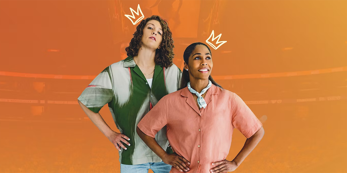 Sydney Colson and Theresa Plaisance pose against an orange background to promote The Syd and TP Show.