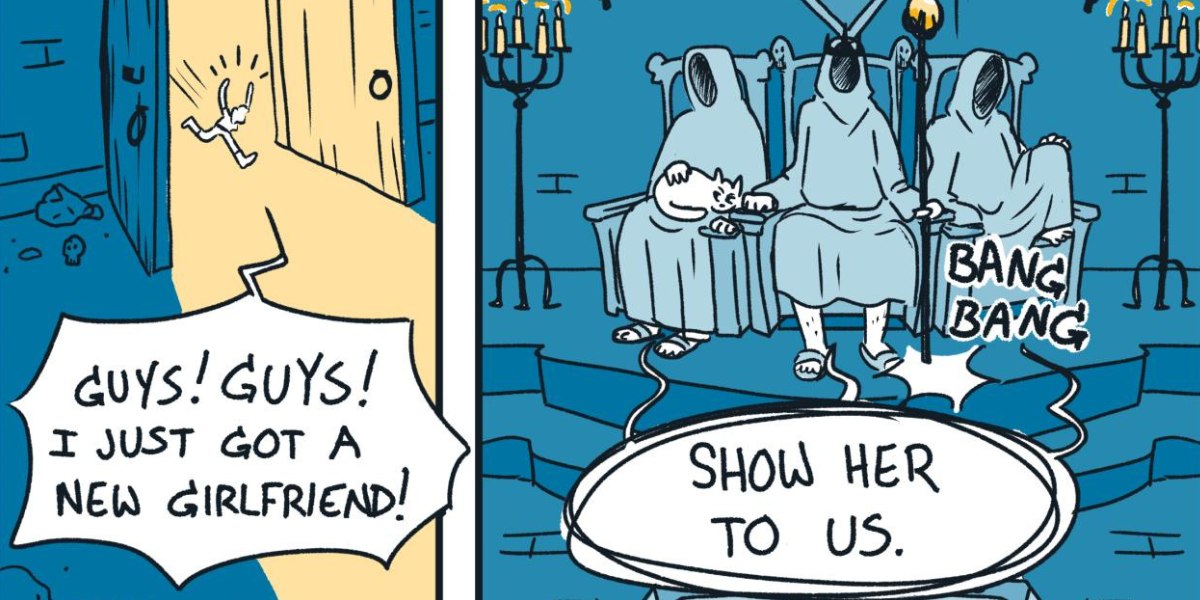 a comic: a lesbian runs into a dungeon shouting "GUYS! GUYS! I JUST GOT A NEW GIRLFRIEND!" three hooded figures perched under a sign that says DYKE COUNCIL say "SHOW HER TO US."