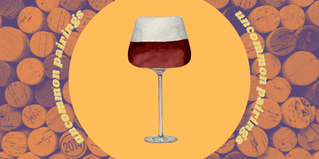 UNCOMMON PAIRINGS: a glass of chilled red wine against a background of corks