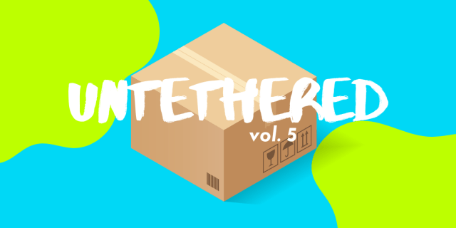 UNTETHERED: A sealed moving box against a neon blue background with neon green blobs