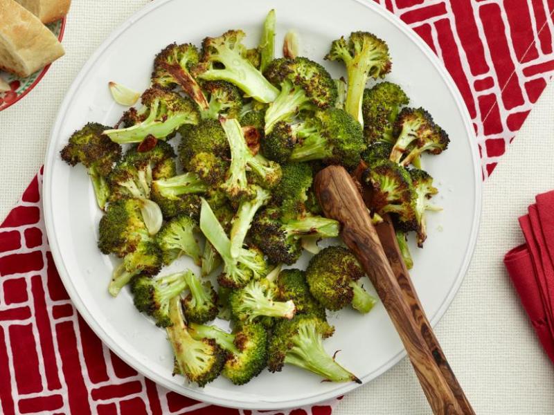a plate of roasted garlic broccoli