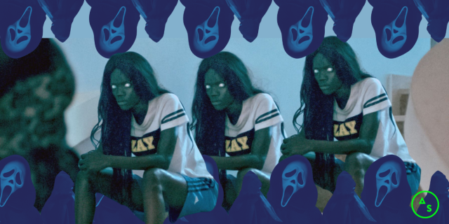 A still from the movie Atlantics shows a Black woman with glazed over zombie eyes, sitting on the steps (it is repeated three times), in front of this image is the famed Scream mask, overlayed into a collage.