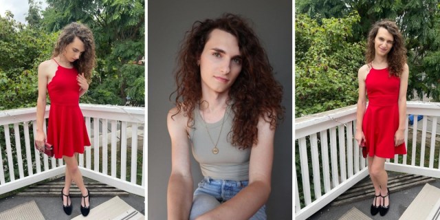 A triptych of pictures of Drew. The photos on the left and right are wide shots of Drew in a bright red dress on a balcony. The middle picture is a professional headshot of Drew in a tight grey green tank and blue jeans.