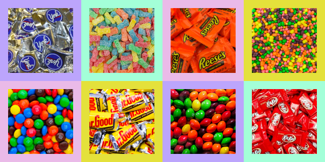row 1: york peppermint patties, sour patch kids, reeses cups, nerds row 2: m+ms, mr goodbar, skittles, kitkat