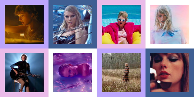 a collage of Taylor Swift in various music videos and albums