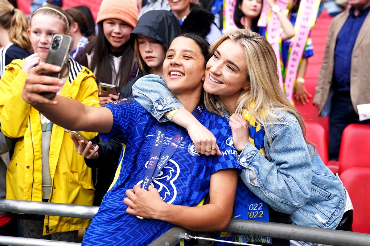 Chelsea's Sam Kerr (left) poses with girlfriend Gotham FC's Kristie Mewis after victory in the Vitality Women's FA Cup Final at Wembley Stadium, London. Picture date: Sunday May 15, 2022. (Photo by John Walton/PA Images via Getty Images)