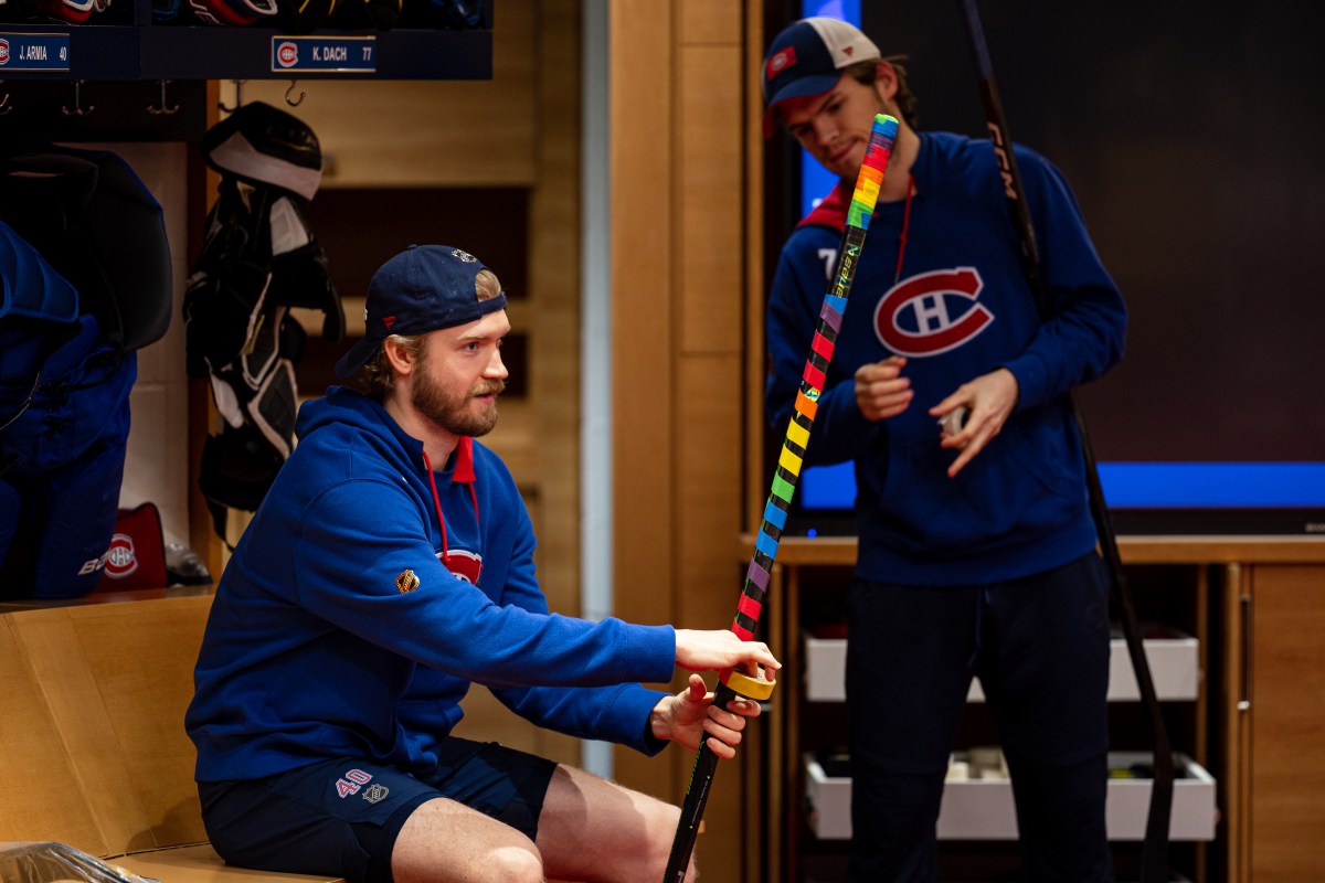 MONTREAL, CANADA - APRIL 6: Joel Armia #40 of the Montreal Canadiens tapes his stick before Pride Night warm-up for the NHL regular season game between the Montreal Canadiens and the Washington Capitals at the Bell Centre on April 6, 2023 in Montreal, Quebec, Canada. (Photo by Vitor Munhoz/NHLI via Getty Images)