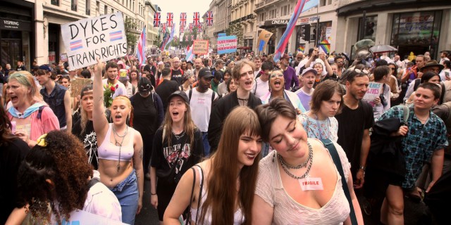 A wide angle picture of a crowd protesting in the UK for trans rights. UK flags hang in the back of the shot. The visibly queer crowd holds up trans flags and signs of support. One reads: DYKES FOR TRANS RIGHTS